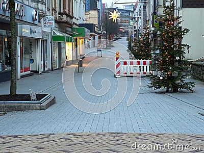 Velbert, Germany - December 2020: Empty shopping street of FriedrichstraÃŸe in the city of Velbert. Editorial Stock Photo
